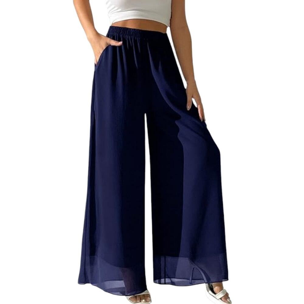 Gabby Skye Women's Navy Wide-Leg Gauzy Palazzo Special‎ Occasion Pants Size med
